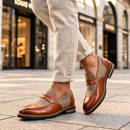 Mocassini brogue Bramwell marroni indossati, vista laterale