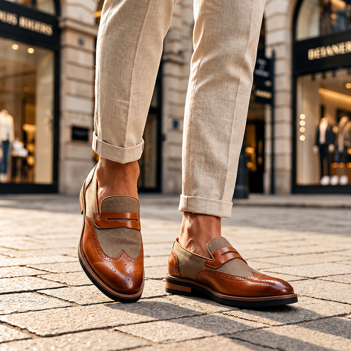 Mocassini brogue Bramwell marroni indossati, vista frontale
