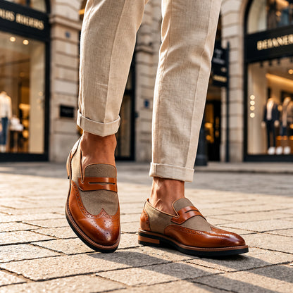 Mocassini brogue Bramwell marroni indossati, vista frontale