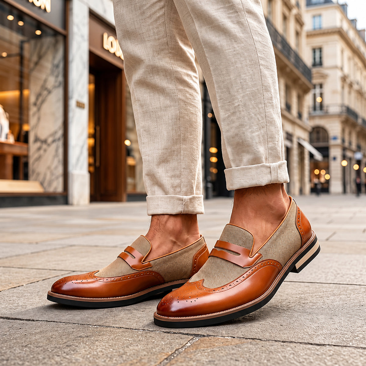 Mocassini brogue Bramwell marroni indossati, vista a tre quarti