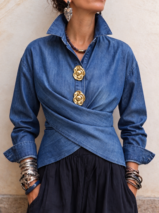 Camicia in Denim Incrociata con Bottoni Floreali - Blu