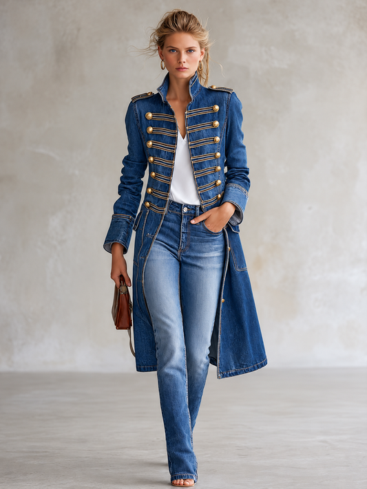 Cappotto lungo in denim blu délavé con alamari e bottoni dorati, figura intera