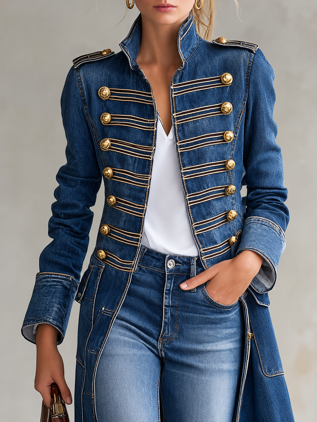 Cappotto lungo in denim blu délavé con alamari e bottoni dorati, dettaglio del busto e dei bottoni