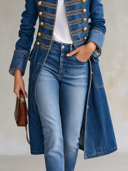 Cappotto lungo in denim blu délavé con alamari e bottoni dorati, dettaglio del denim e delle tasche