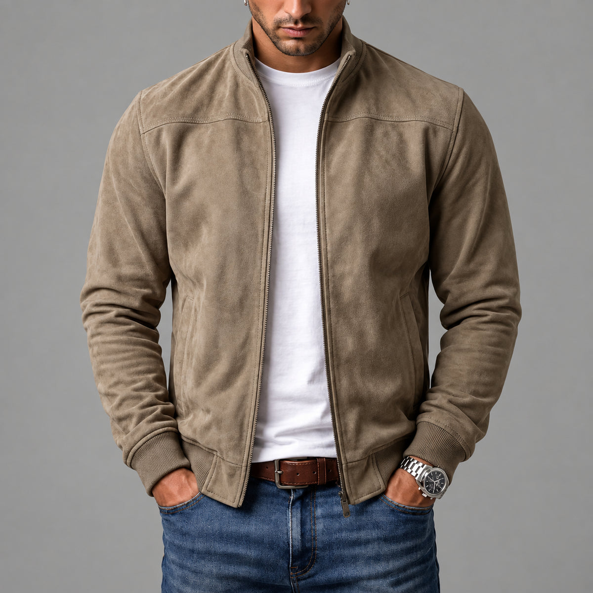 Giacca bomber Castell beige indossata da uomo