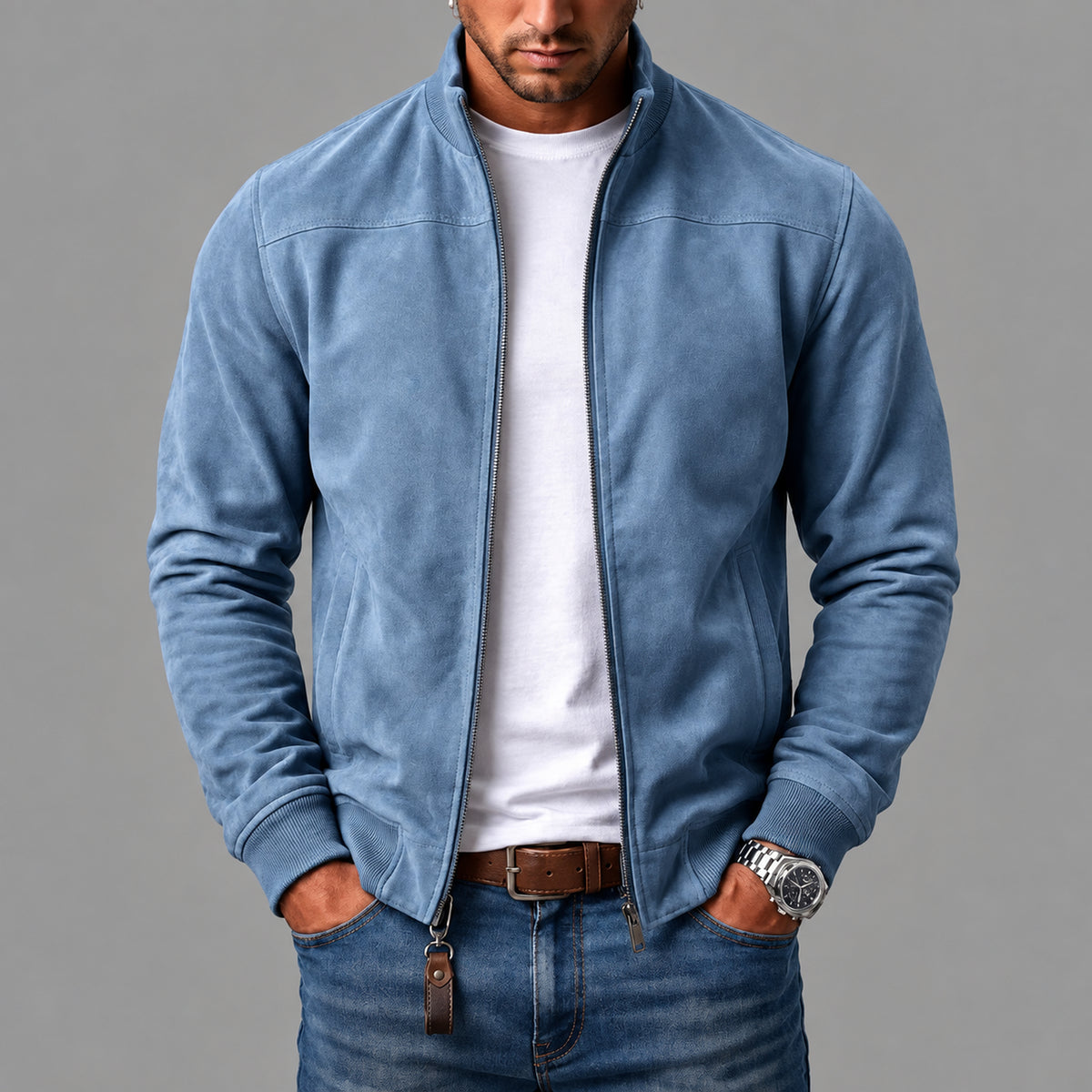 Giacca bomber Castell azzurra indossata da uomo
