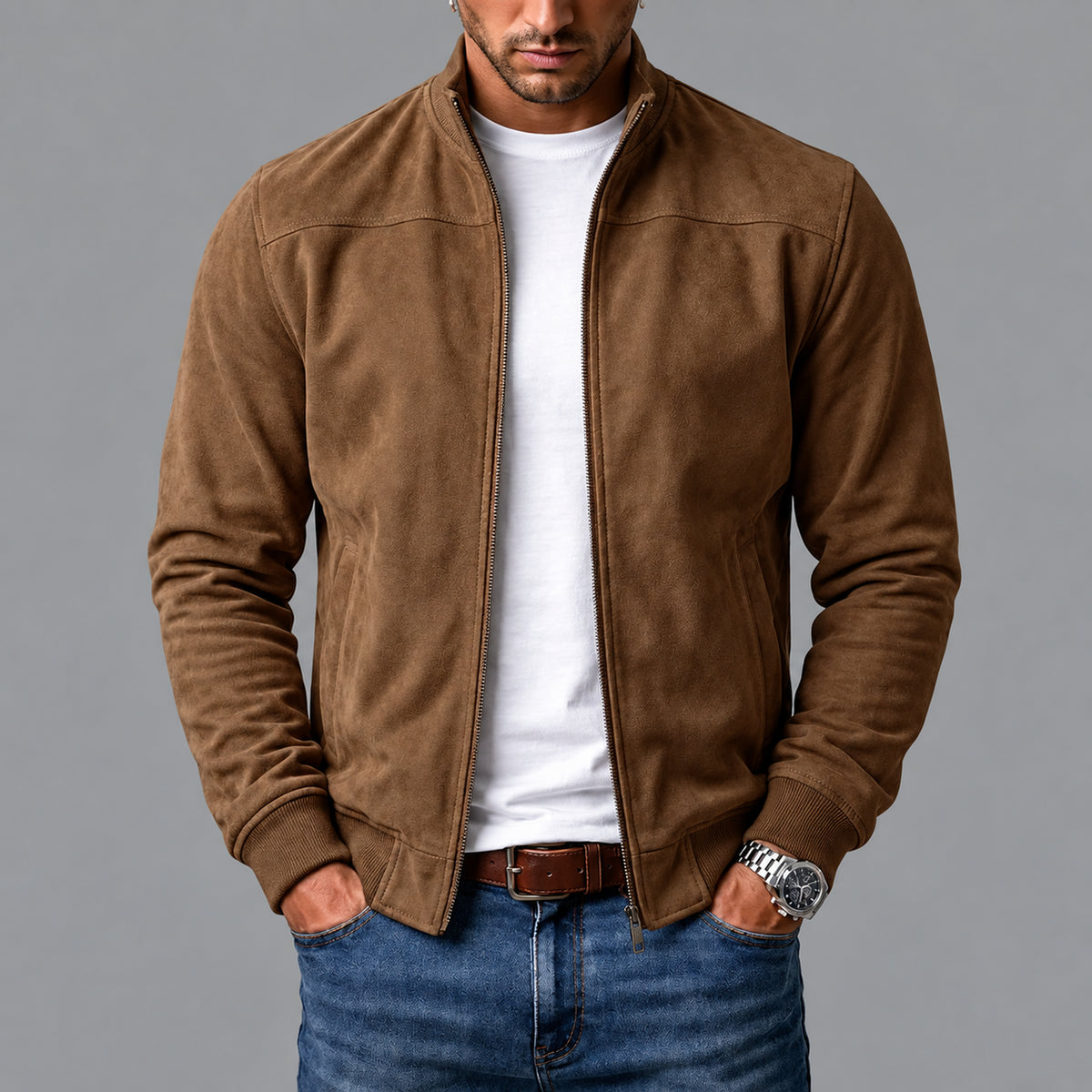 Giacca bomber Castell marrone indossata da uomo