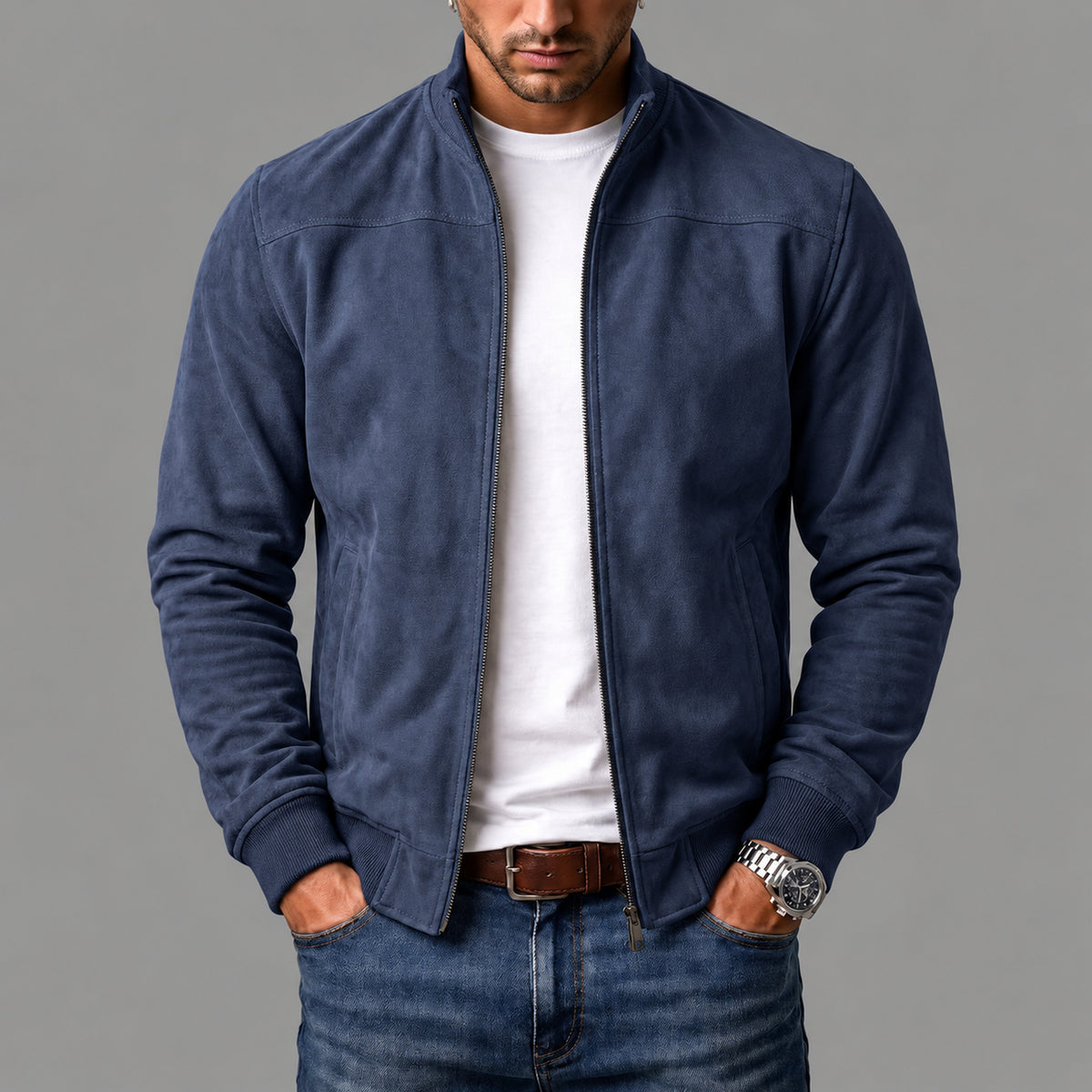 Giacca bomber Castell blu navy indossata da uomo