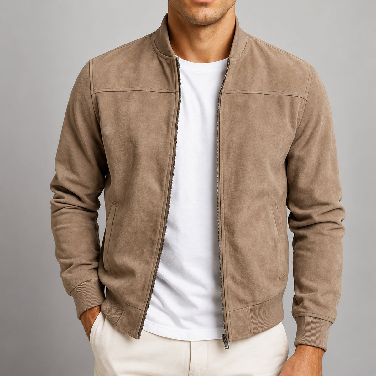 Giacca bomber moderna Castell beige indossata