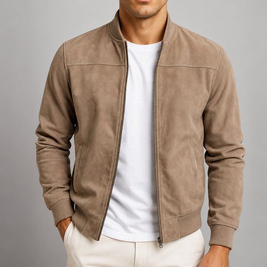 Giacca bomber moderna Castell beige indossata