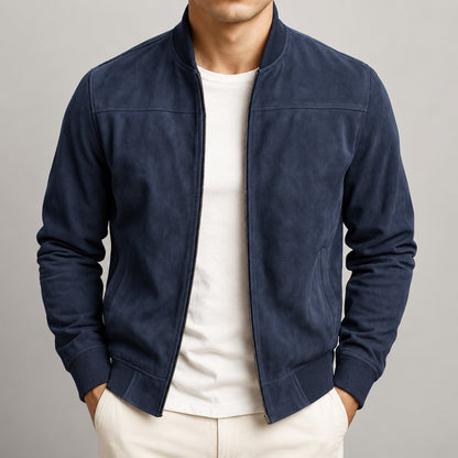 Giacca bomber moderna Castell blu navy indossata