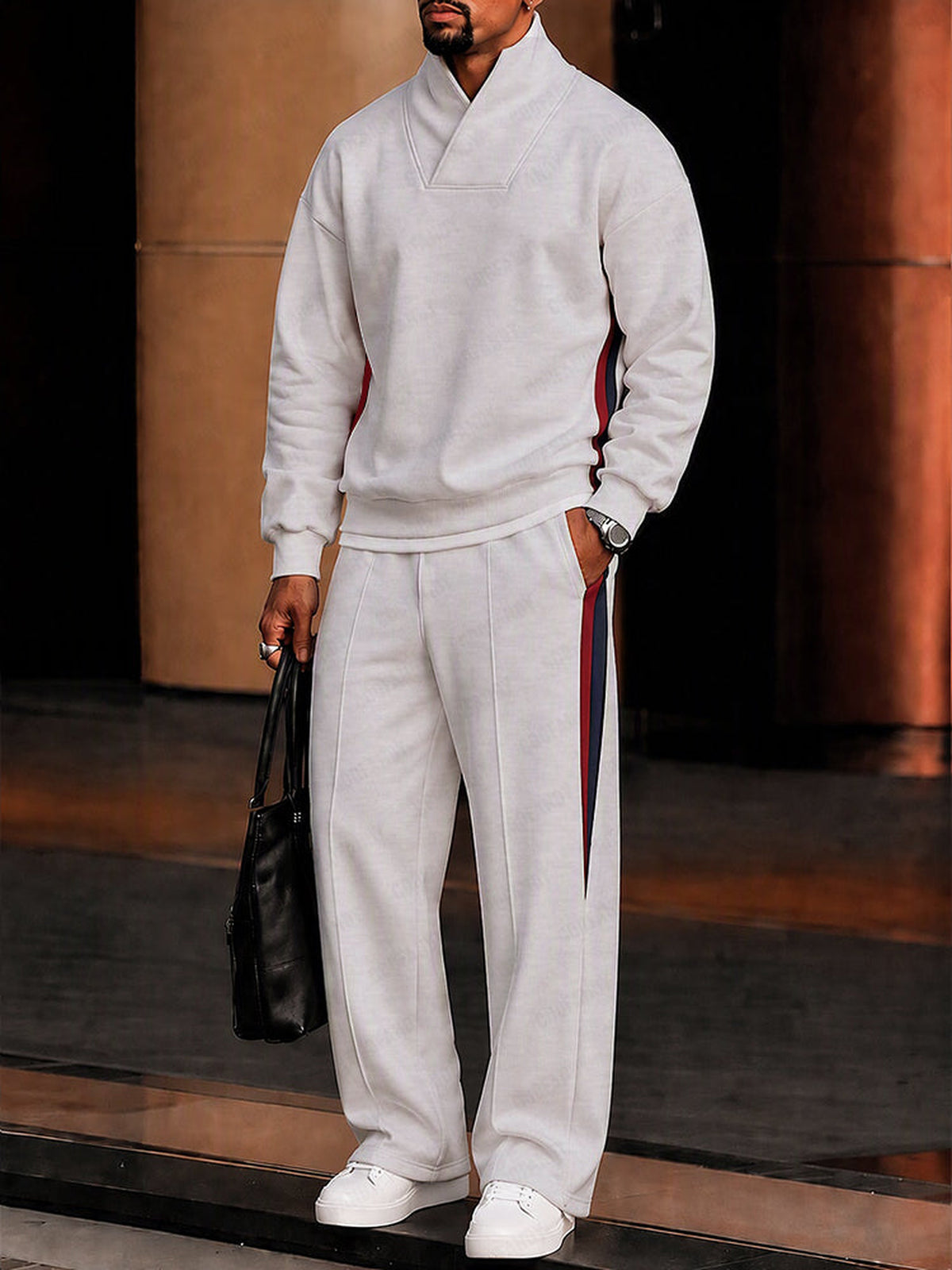 Completo Athleisure in Felpa con Dettagli a Contrasto Bianco vista 1