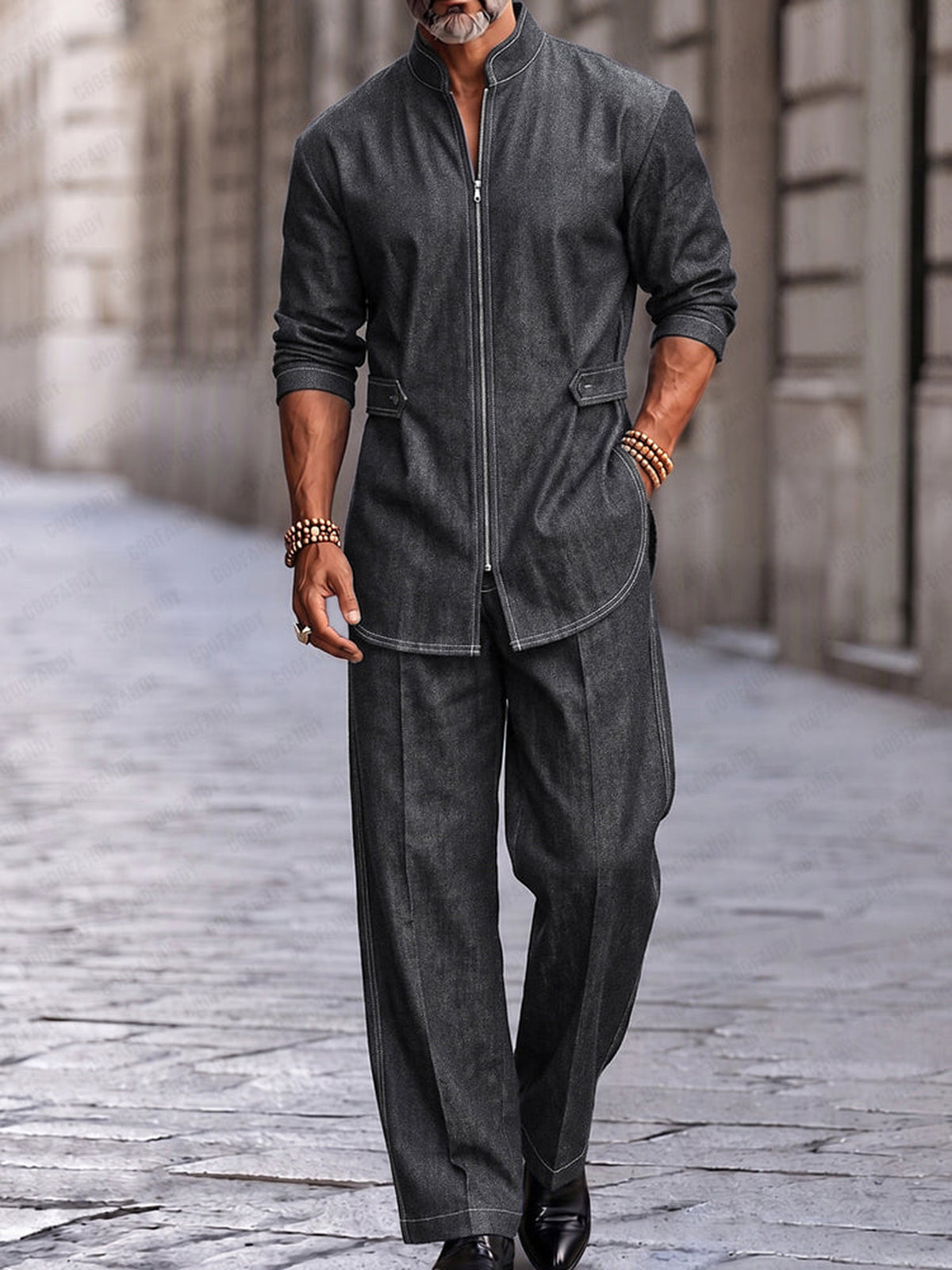 Completo Urban con Giacca Zip e Pantaloni Nero slavato vista 4