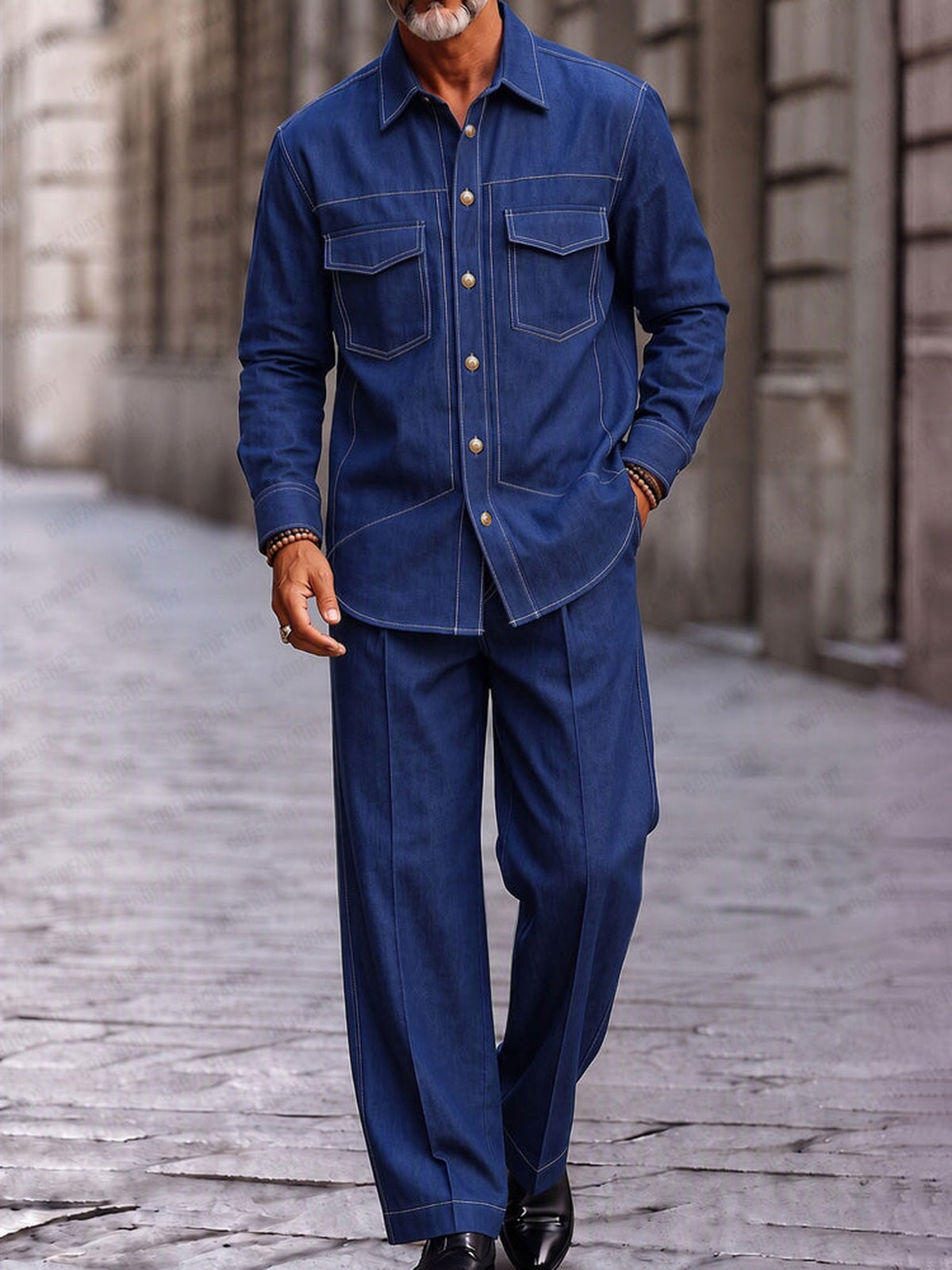 Completo Utility con Cuciture a Contrasto Blu vista 2