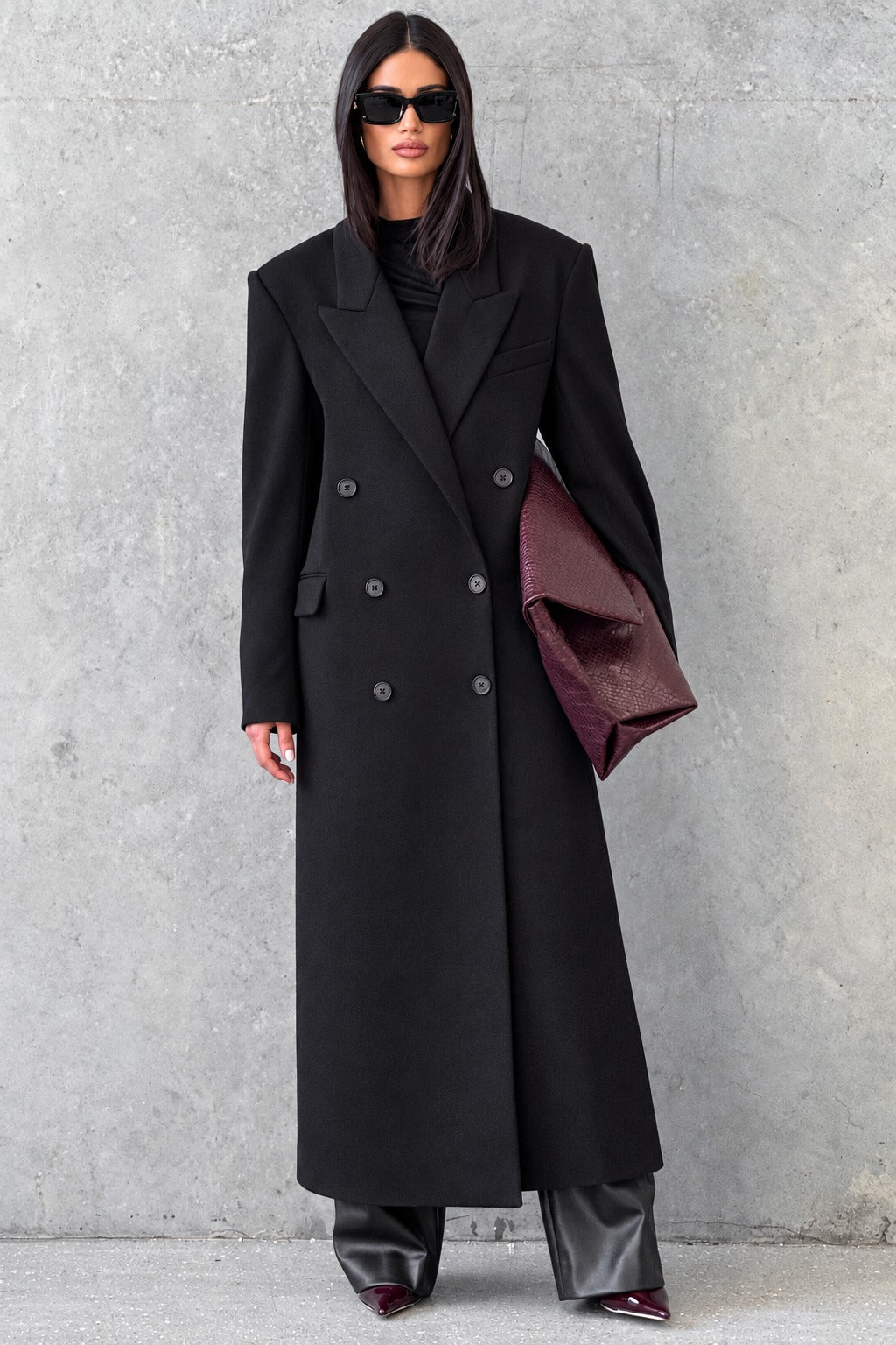 Isabella, cappotto lungo doppiopetto — Nero, vista frontale