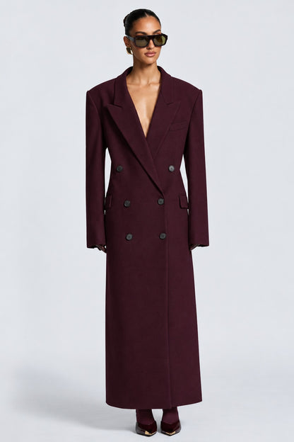 Isabella, cappotto lungo doppiopetto — Bordeaux intenso, vista frontale