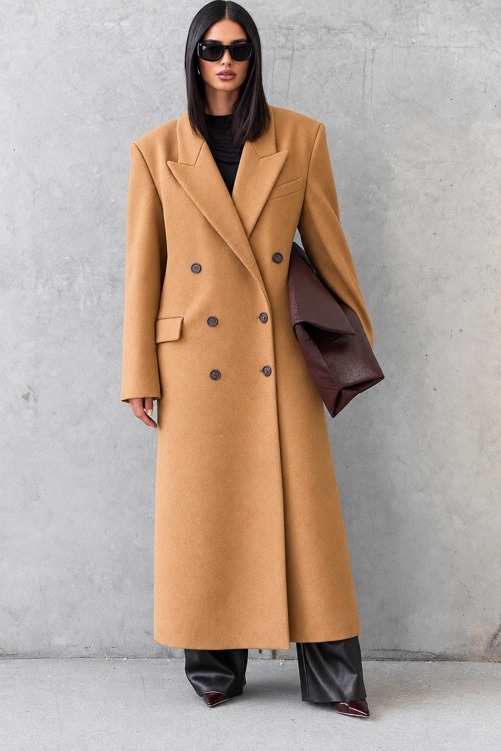 Isabella, cappotto lungo doppiopetto — Cammello, vista frontale