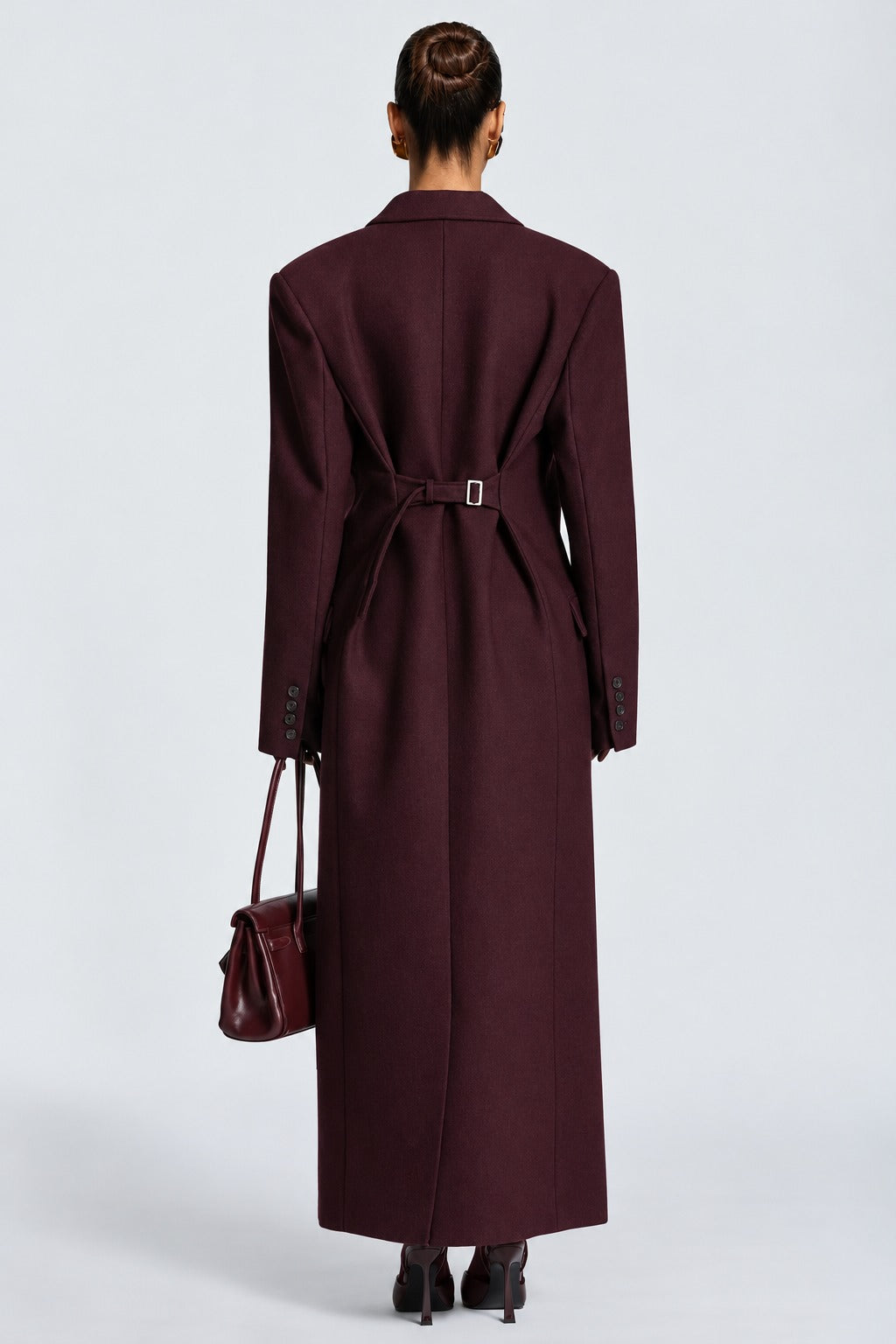 Isabella, cappotto lungo doppiopetto — Bordeaux intenso, vista posteriore