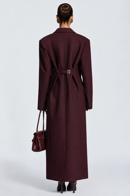 Isabella, cappotto lungo doppiopetto — Bordeaux intenso, vista posteriore