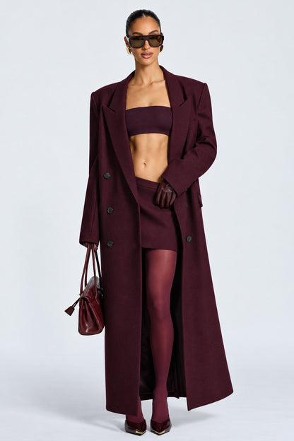 Isabella, cappotto lungo doppiopetto — Bordeaux intenso, vista indossata