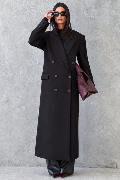Isabella, cappotto lungo doppiopetto — Nero, vista indossata