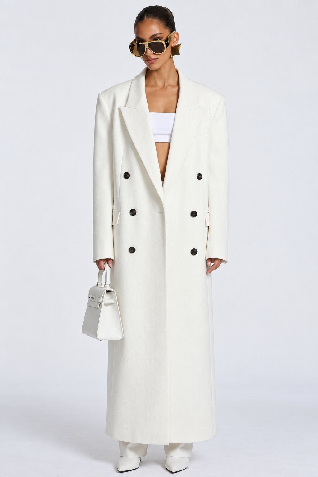 Isabella, cappotto lungo doppiopetto — Bianco, vista indossata