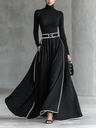 Gina | Abito Maxi Donna Nero con Cuciture Bianche e Collo Alto, Maniche Lunghe, Vita Sottile