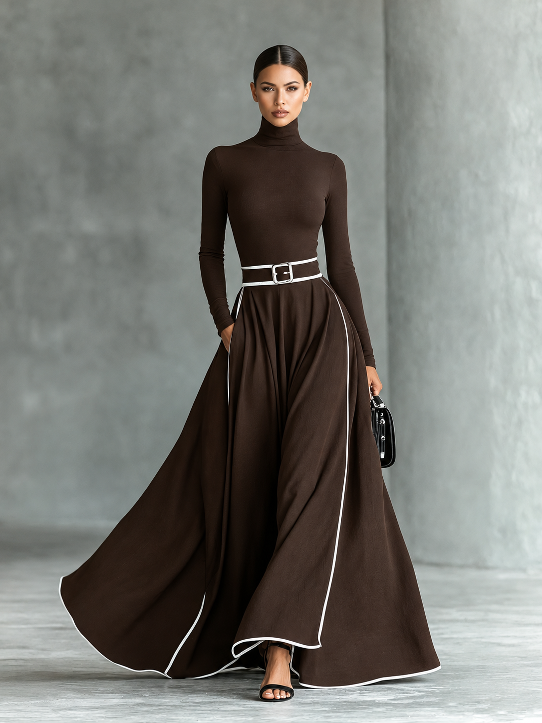 Gina | Abito Maxi Donna Nero con Cuciture Bianche e Collo Alto, Maniche Lunghe, Vita Sottile, vista 2
