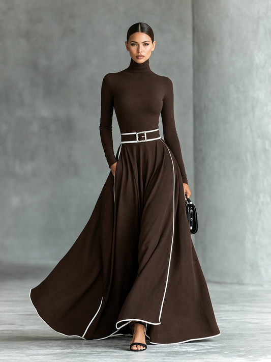 Gina | Abito Maxi Donna Nero con Cuciture Bianche e Collo Alto, Maniche Lunghe, Vita Sottile, vista 2