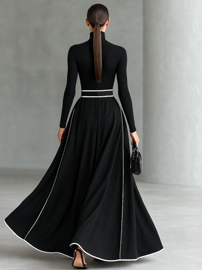 Gina | Abito Maxi Donna Nero con Cuciture Bianche e Collo Alto, Maniche Lunghe, Vita Sottile, vista 3