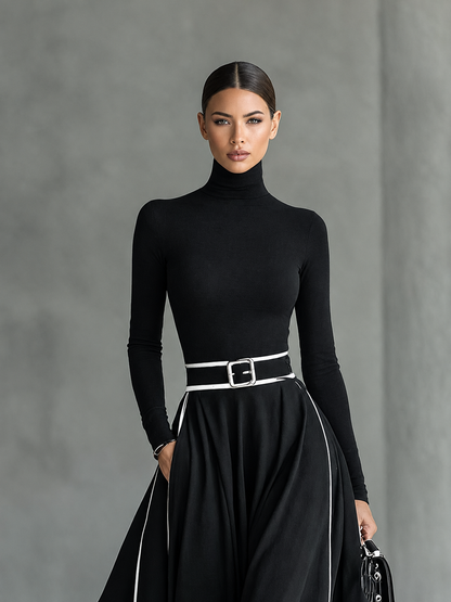 Gina | Abito Maxi Donna Nero con Cuciture Bianche e Collo Alto, Maniche Lunghe, Vita Sottile, vista 5