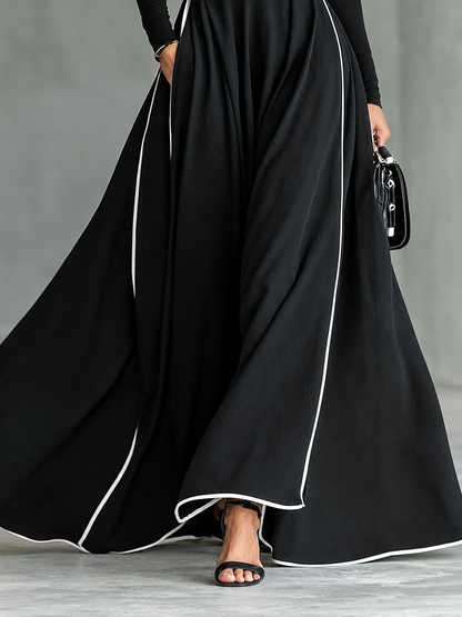 Gina | Abito Maxi Donna Nero con Cuciture Bianche e Collo Alto, Maniche Lunghe, Vita Sottile, vista 6