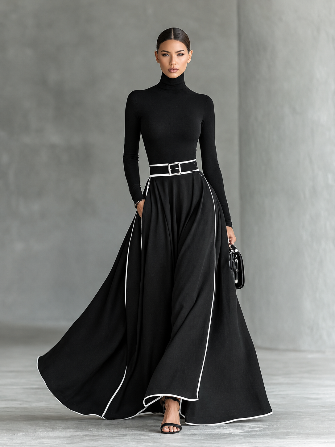 Gina | Abito Maxi Donna Nero con Cuciture Bianche e Collo Alto, Maniche Lunghe, Vita Sottile, vista 7