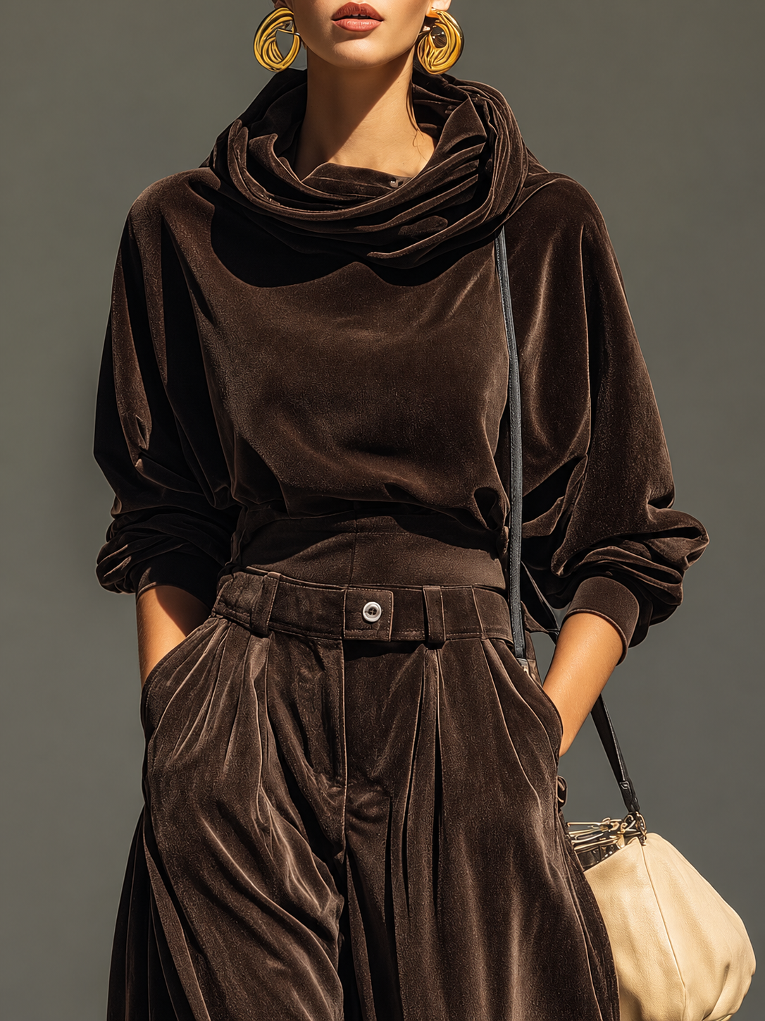 Completo vintage in velluto con cappuccio e pantaloni ampi (cintura inclusa), vista 5