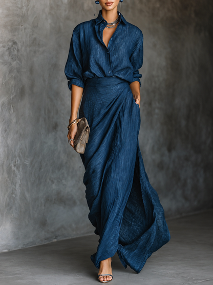 Completo blu scuro con camicia e gonna lunga in misto cotone e lino, vista 1