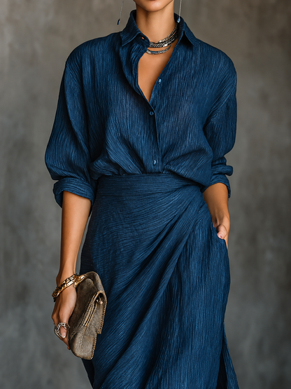 Completo blu scuro con camicia e gonna lunga in misto cotone e lino, vista 2