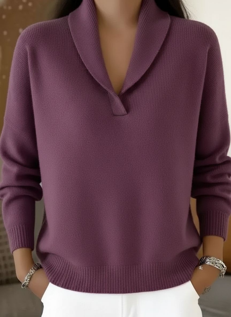 Elise | Maglione con Collo a V - Prugna