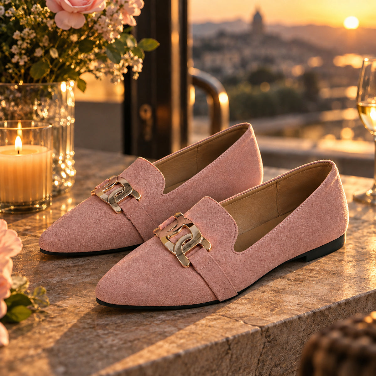 Mocassini Eterna rosa ambientati al tramonto