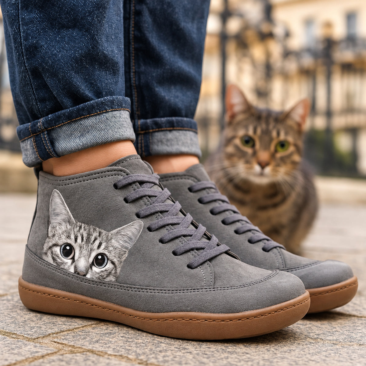 Stivaletti Funny grigi indossati con gatto sullo sfondo