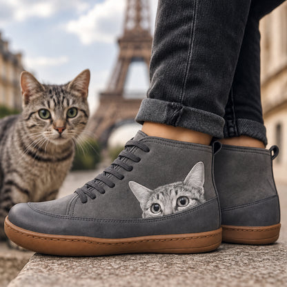 Stivaletti Funny grigi indossati a Parigi con gatto
