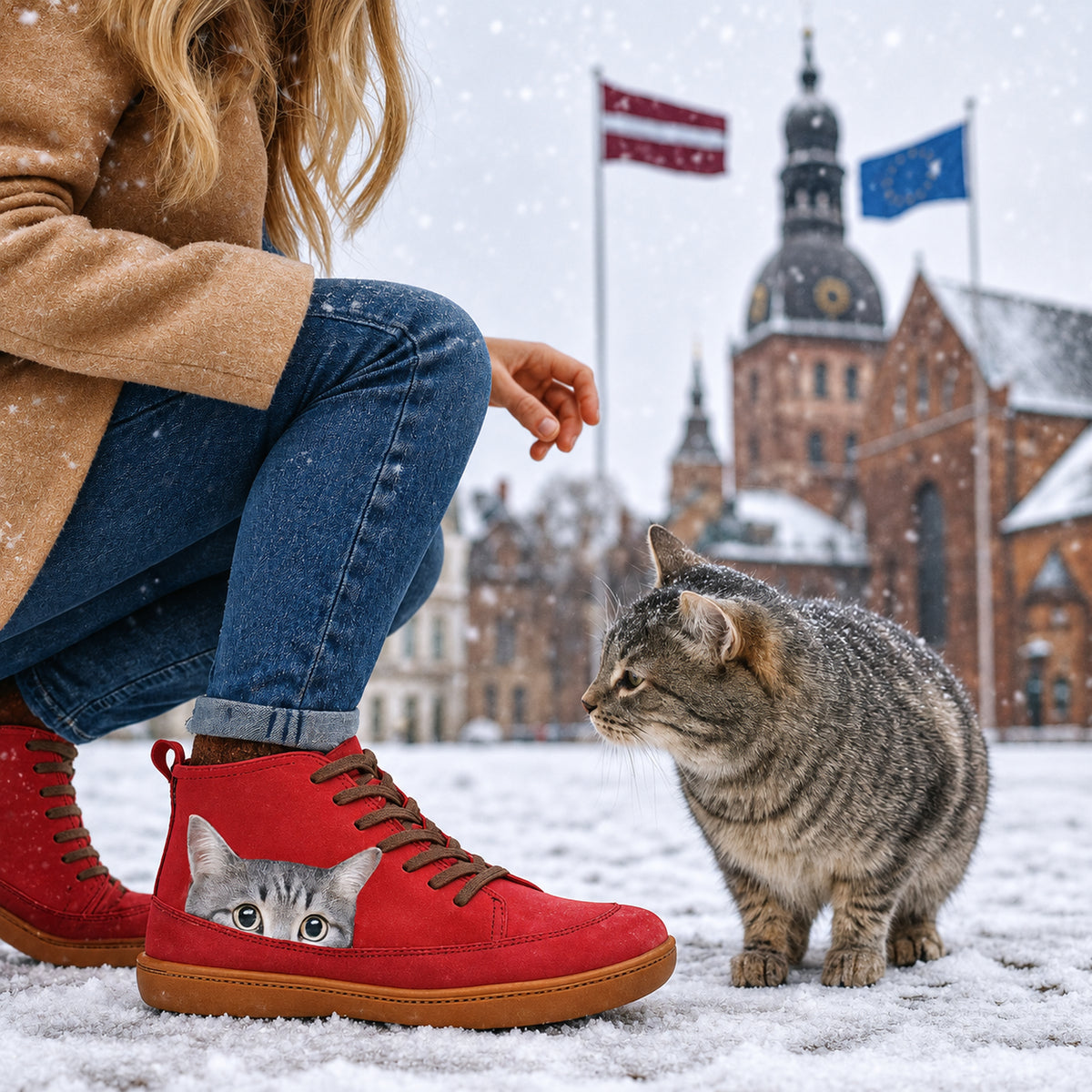 Stivaletti Funny rossi indossati sulla neve con gatto