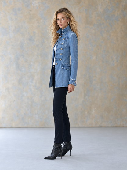 Giacca lunga in denim con bottoni argentati, vista 6