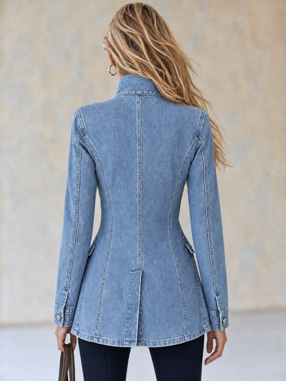 Giacca lunga in denim con bottoni argentati, vista 7