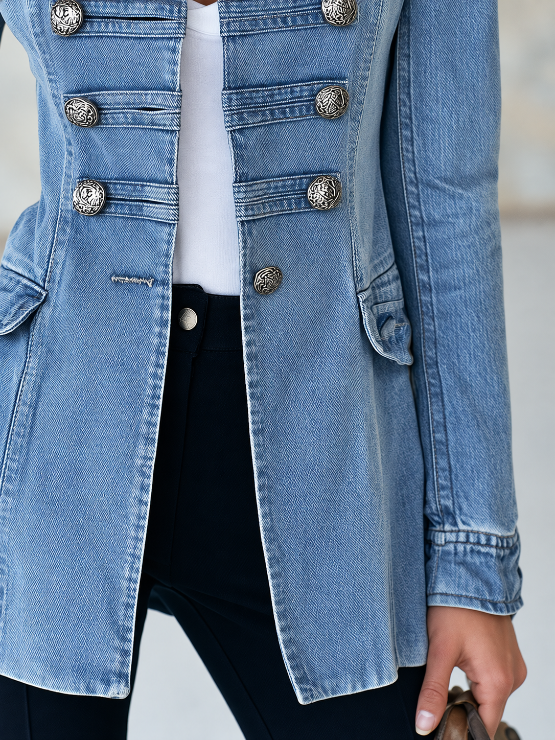 Giacca lunga in denim con bottoni argentati, vista 9