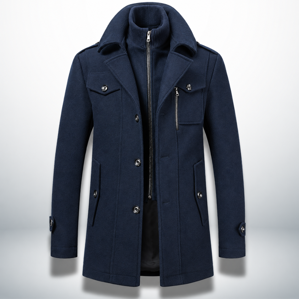 Gkiokas | Cappotto caldo ed elegante, blu scuro, vista frontale