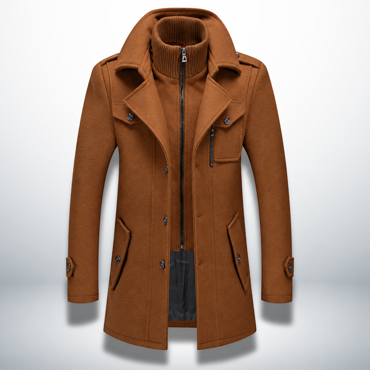 Gkiokas | Cappotto caldo ed elegante, cammello, vista frontale