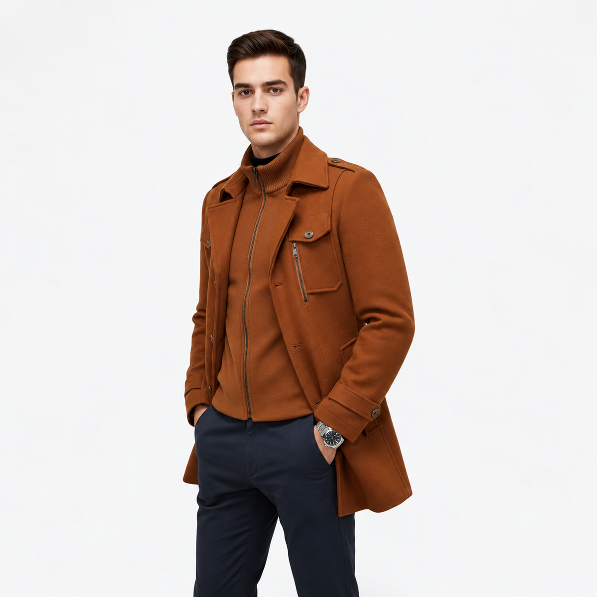 Gkiokas | Modello con cappotto cammello, vista frontale di tre quarti