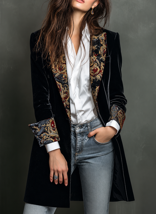 Léontine — Blazer nero slim fit con stampa barocca, vista 2