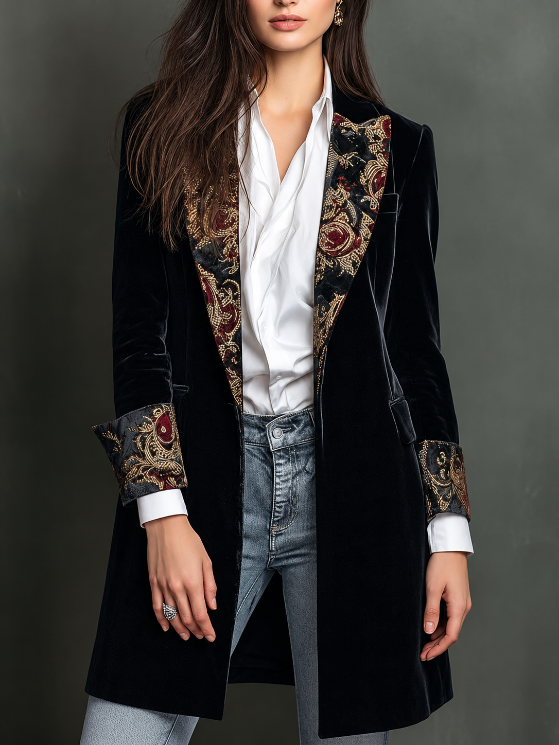 Léontine — Blazer nero slim fit con stampa barocca, vista 3
