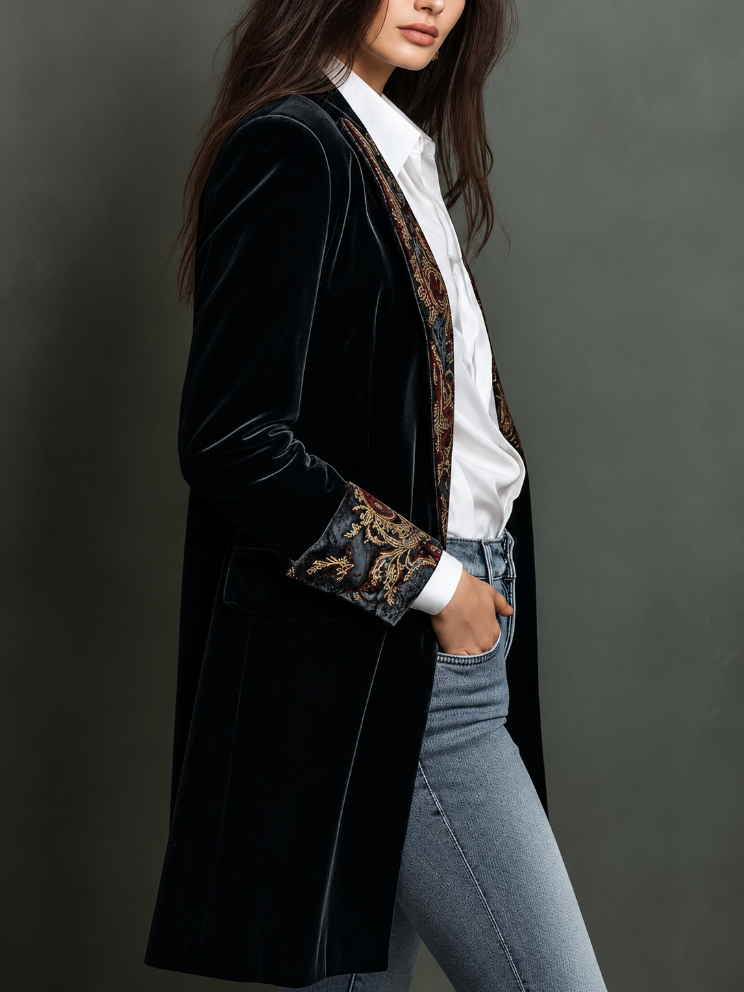 Léontine — Blazer nero slim fit con stampa barocca, vista 4